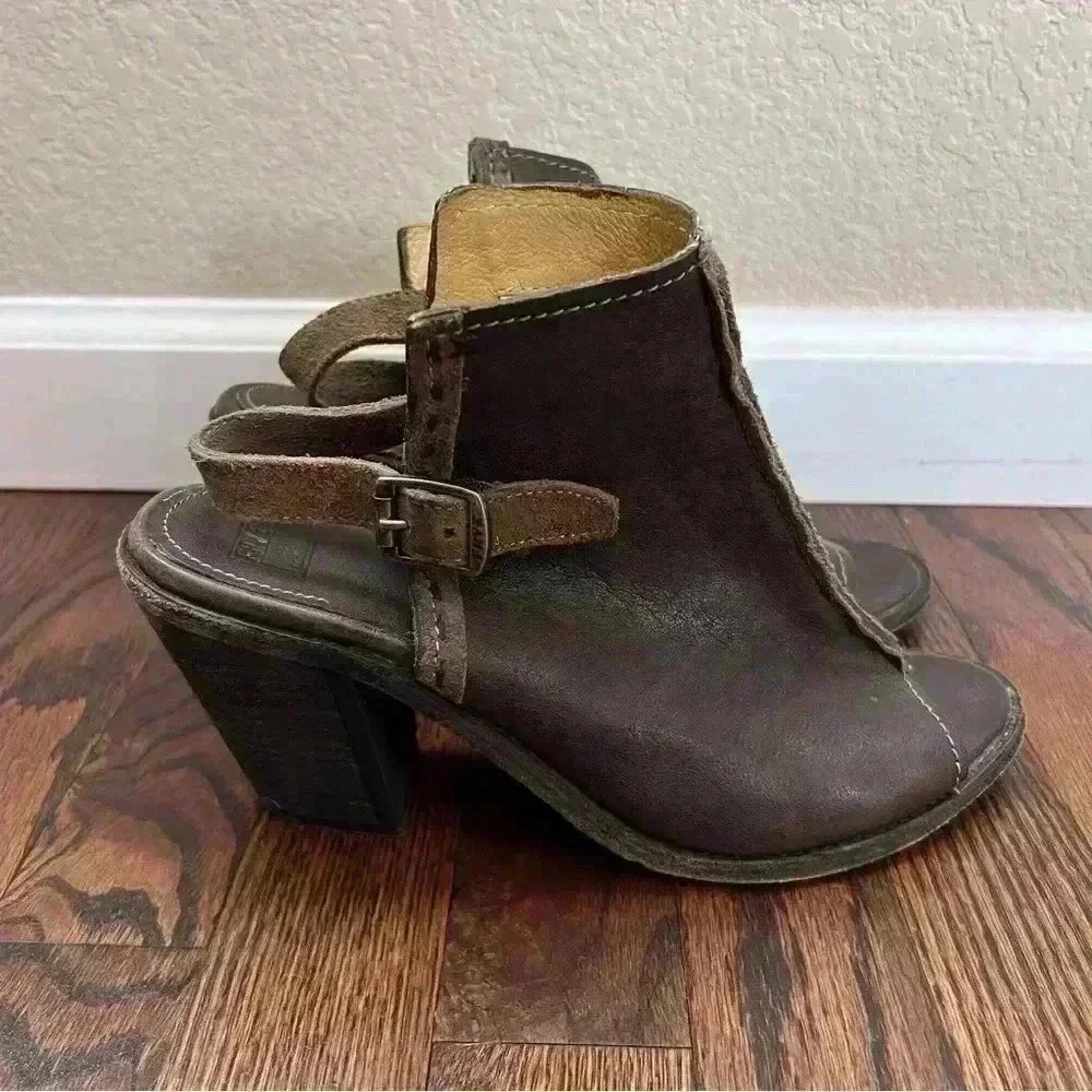 Frye Izzy Artisan Peep Toe Mule Booties Wm Sz 9 B Brown Leather Slingback Sandal